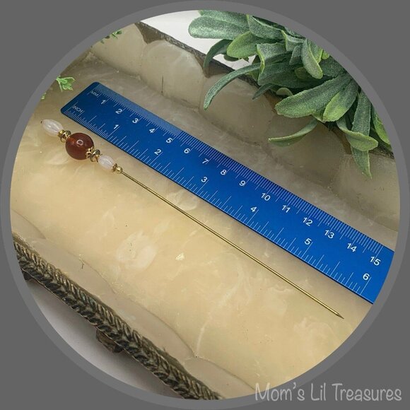 Milky Glass & Brown Translucent Bead - Gold Tone 6” Pin • Hatpin • 4/8 - Picture 5 of 10